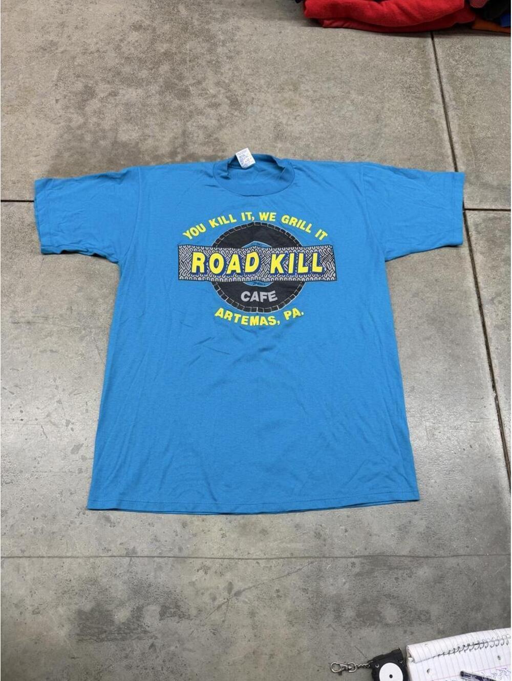 vintage you kill it we grill it road kill cafe destination blue shirt size xl